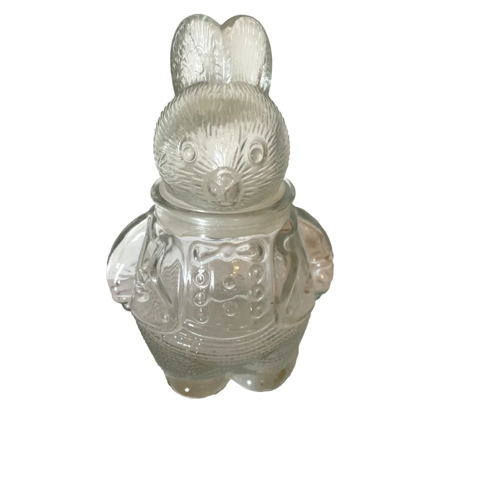 Vintage Clear Glass Chubby Bunny Rabbit Candy Snack Jar